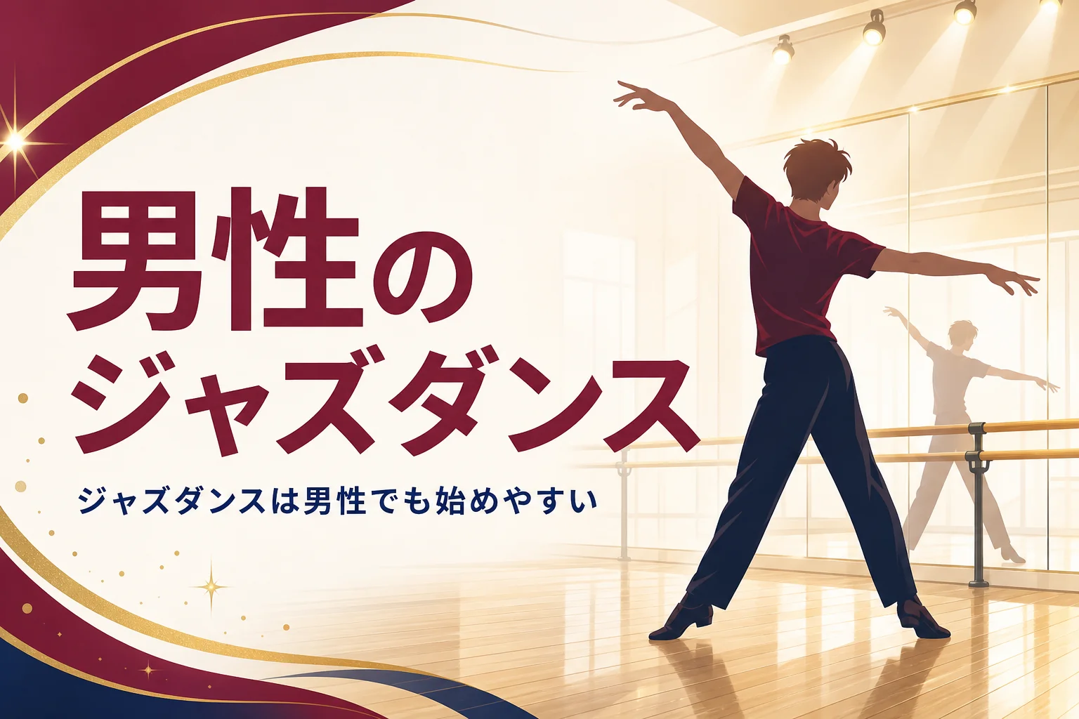 男性のジャズダンスの始め方を解説する記事のアイキャッチ。スタジオでポーズをとる男性の後ろ姿