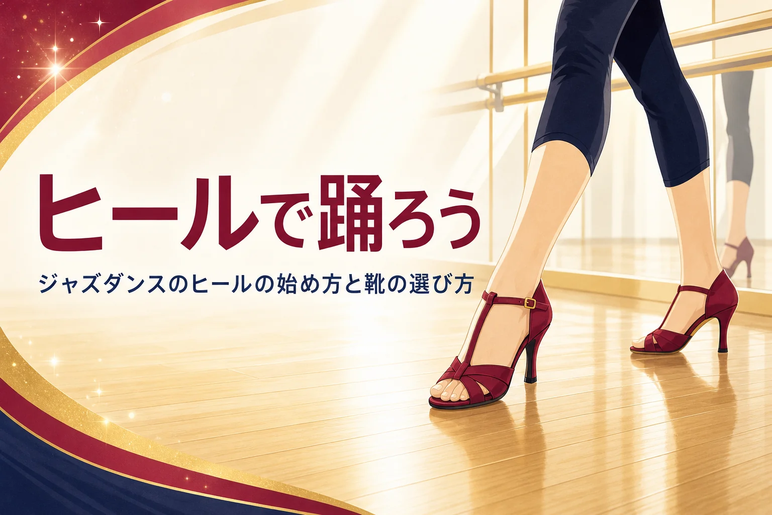ヒールで踊るジャズダンスの始め方を解説する記事のアイキャッチ。スタジオの床でダンス用ヒールを履いた足元