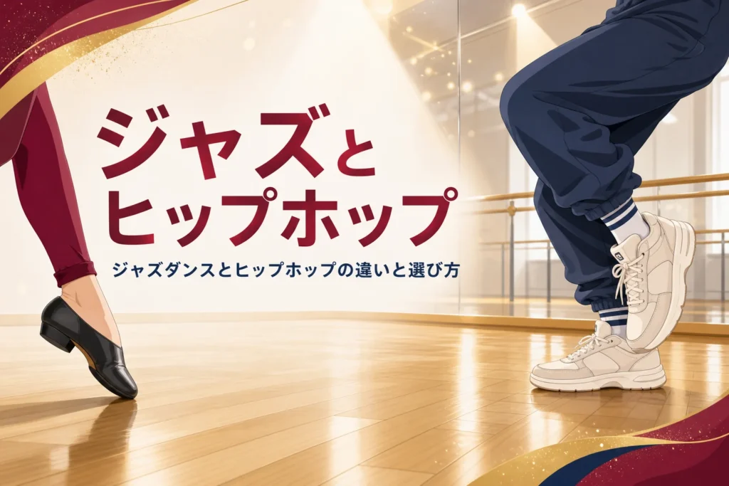 ジャズダンスとヒップホップの違いを解説する記事のアイキャッチ。ジャズシューズとスニーカーの足元が並ぶスタジオ