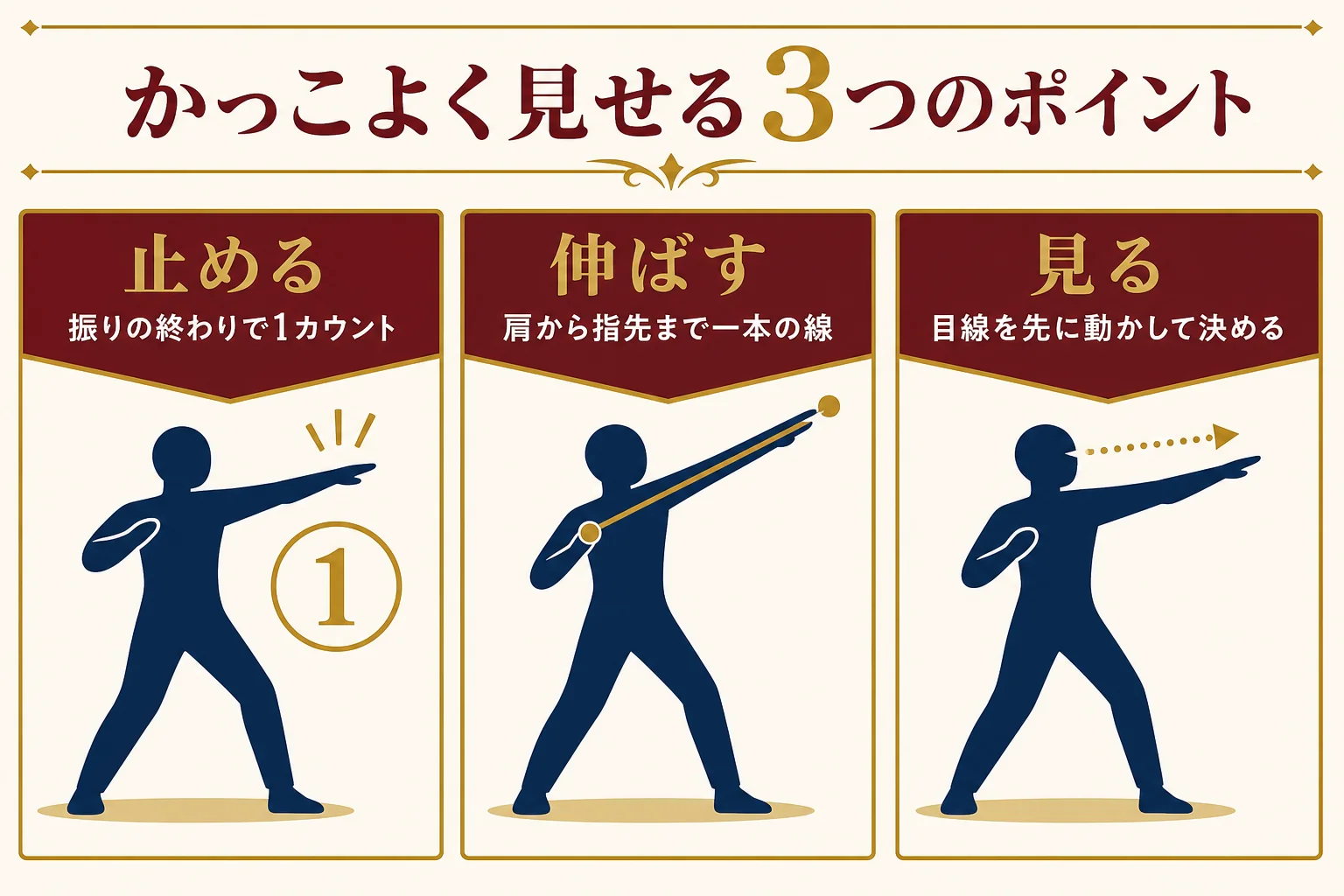 かっこいいジャズダンスに見せる「止める・伸ばす・見る」の3つのポイントを示した図解