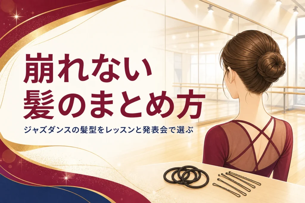 ジャズダンスの髪型の記事のアイキャッチ。スタジオでお団子にまとめた髪の後ろ姿